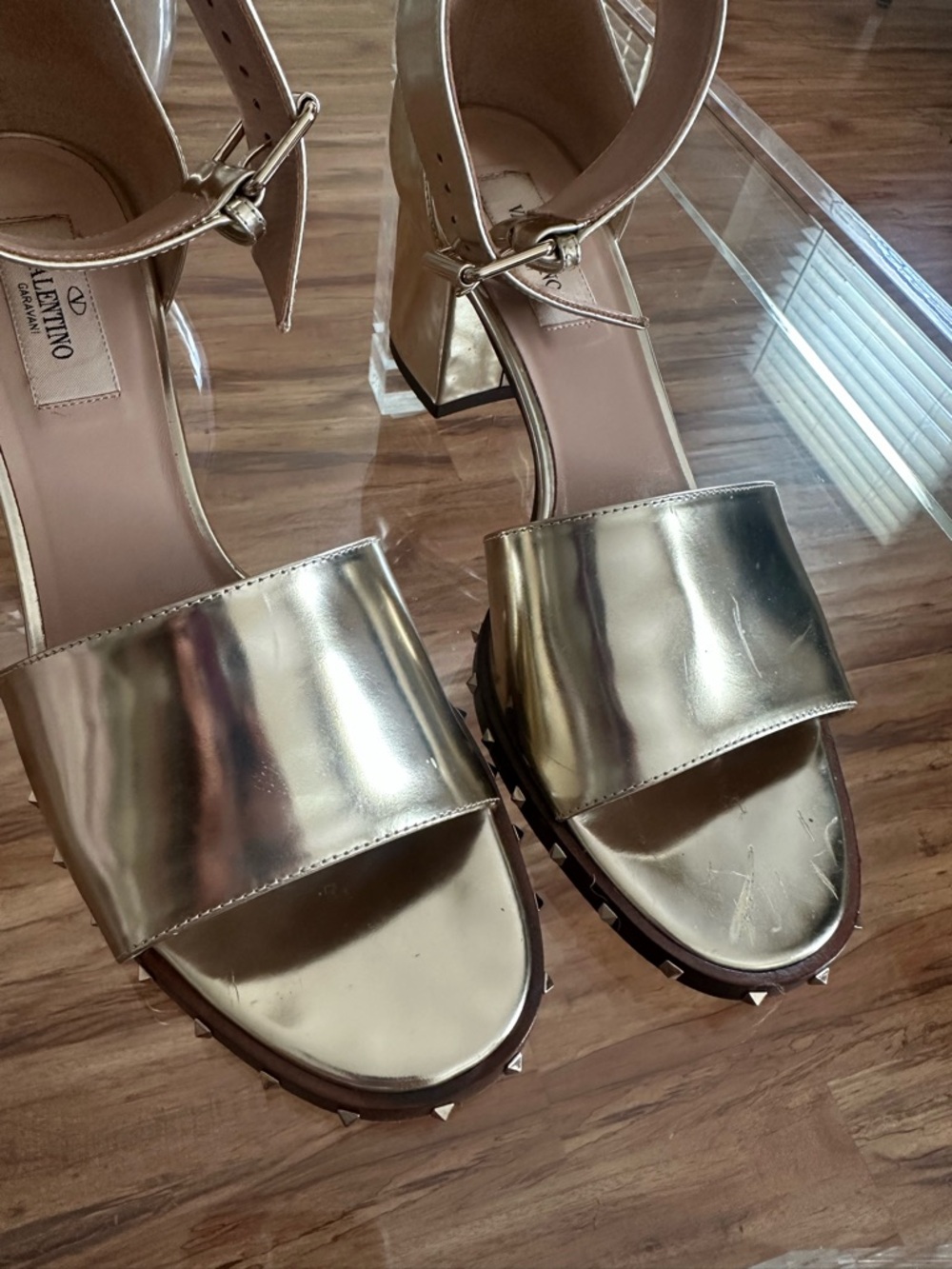 Valentino Garavani Metallic Gold Stud-Trim Block Heel Sandals - Picture 2 of 13
